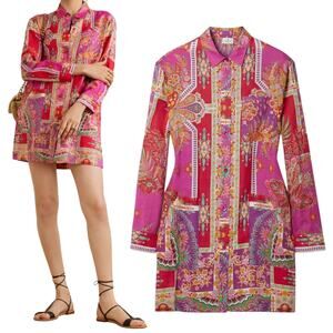 Etro Sardegna Printed Ramie Mini Shirt Dress Pink Size 38/ Size S